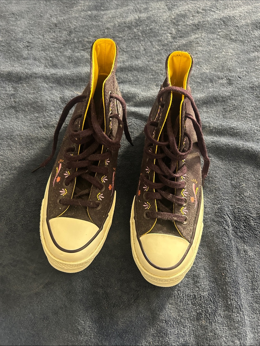 Converse Dark Brown High-Top Sneakers with Yellow Lining and Floral Stitching